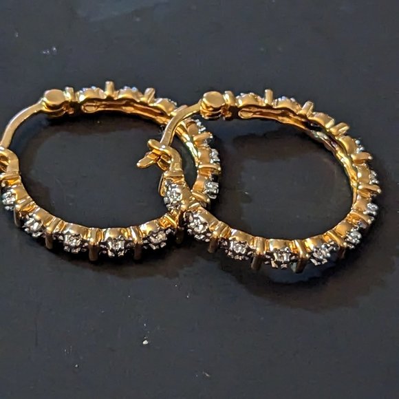 Genuine diamond accents in 18k yellow gold over sterling silver hoops - Picture 2 of 9